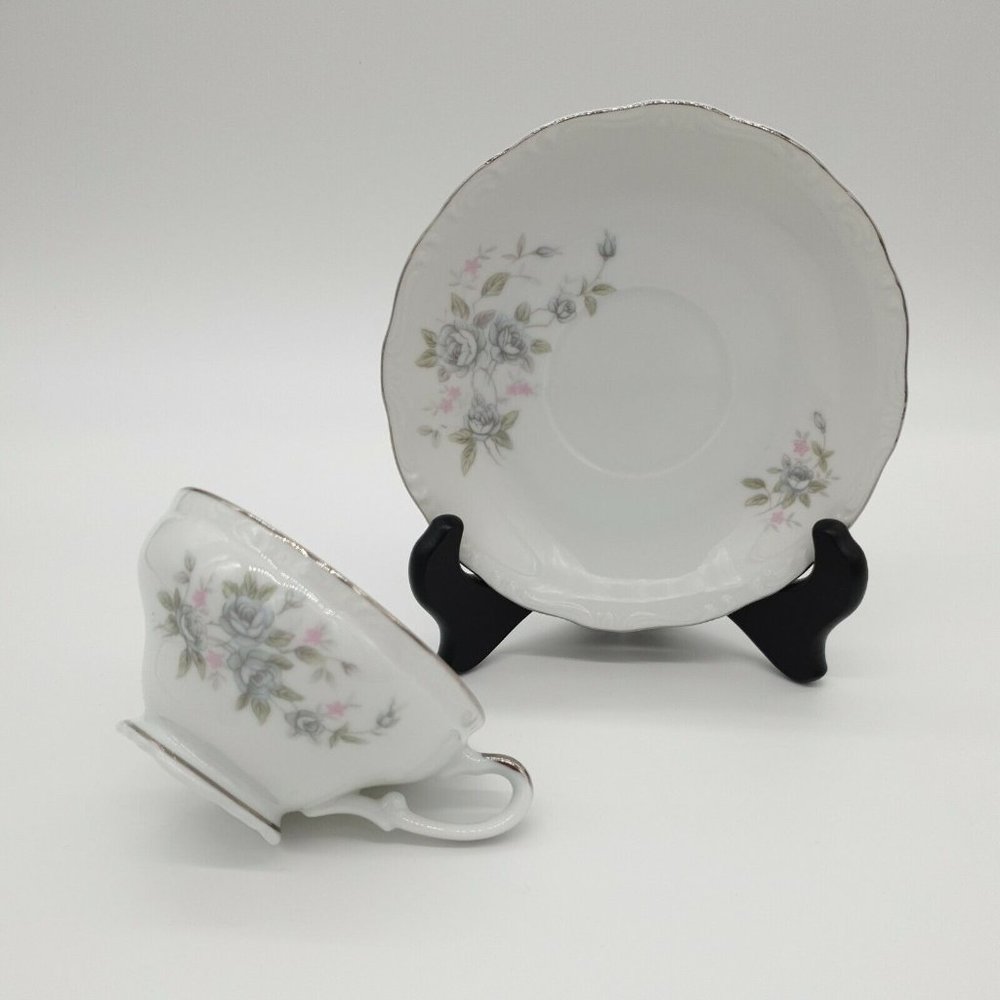 Empress China El Patio K 1847 Coffee Tea Cup Saucer Blue Rose Silver Japan Set